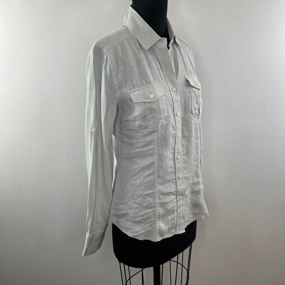 CLUB MONACO Button Down Top Shirt Blouse Gray Linen Long Sleeve Pockets Size? - Picture 4 of 8